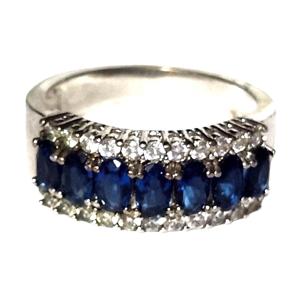 S Sapphire Blue Rhodium Plated Silver CZ Half Eternity Band Ring Size 8